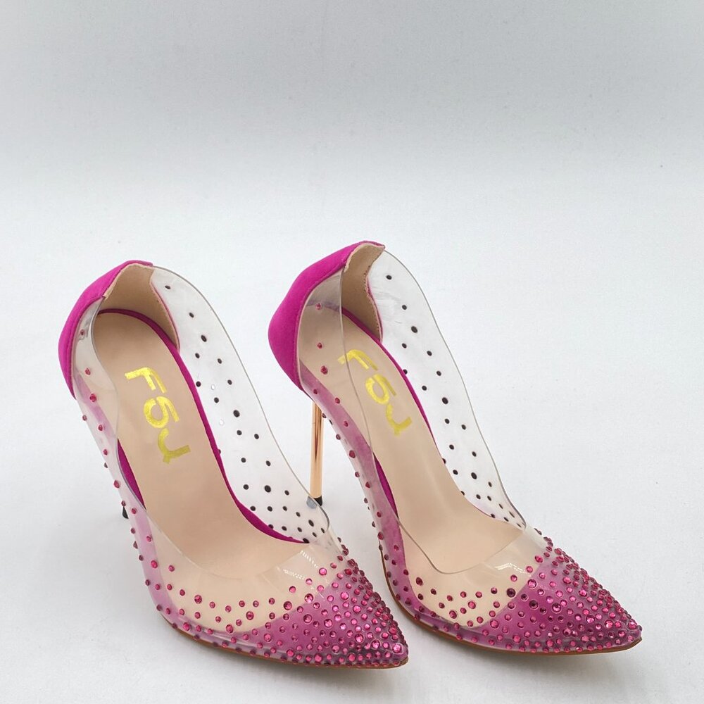 FSJ Fuchsia Studded Pointed Toe Transparent Pumps High Heels Shoes - Picture 4 of 8